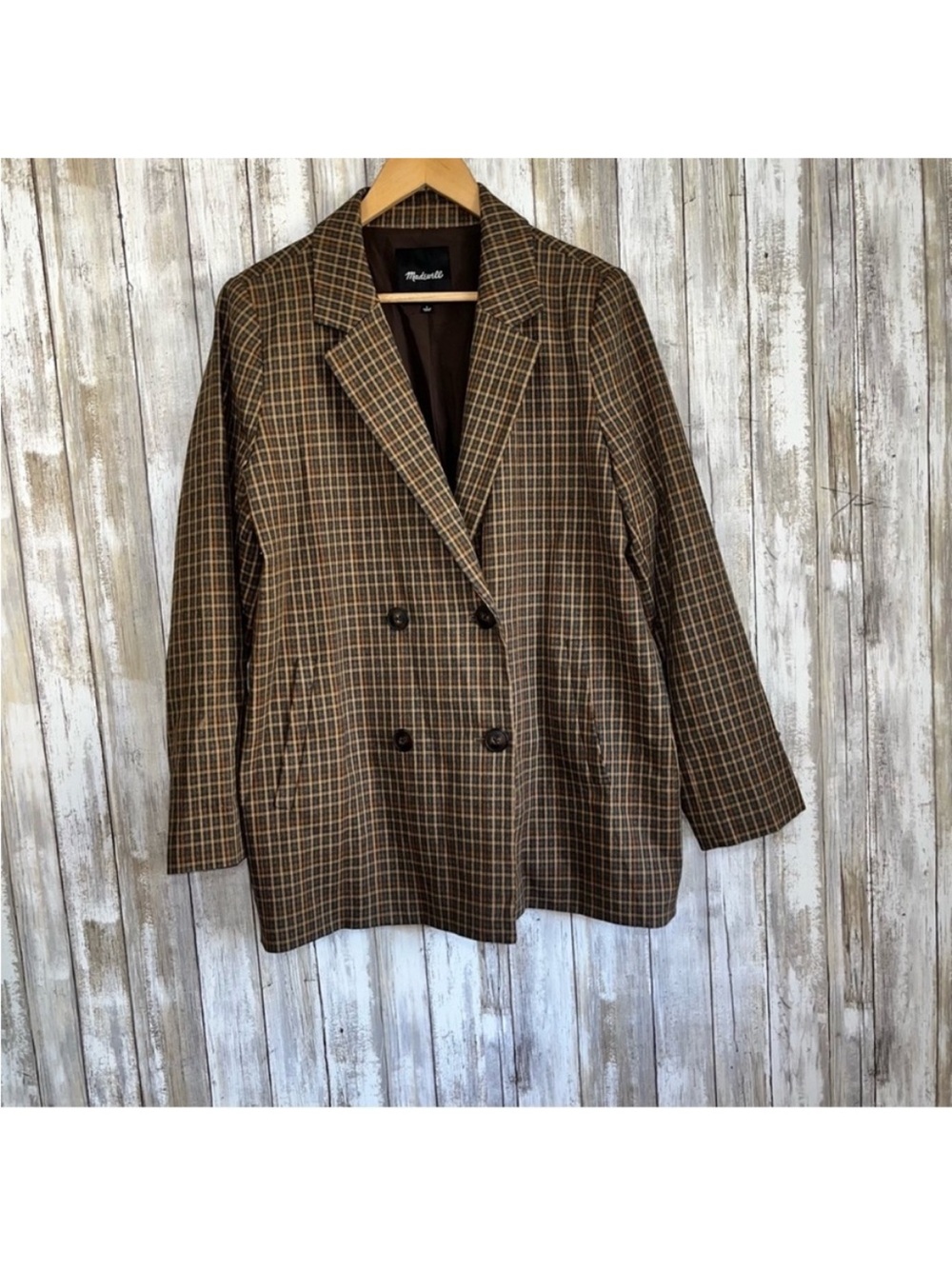 Madewell Caldwell Blazer Mandell Plaid Double Breasted Brown Tan Size L - Picture 2 of 7
